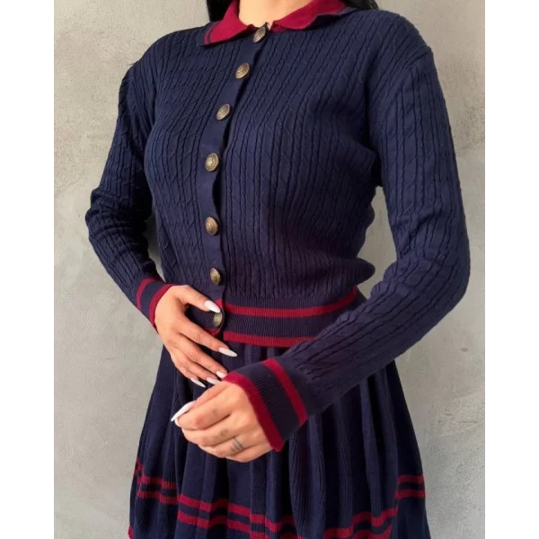 Kadın Uzun Kollu Düğme Ve Ribana Detay Triko Hırka Ve şerit Detay Pileli Etek Ikili Takım