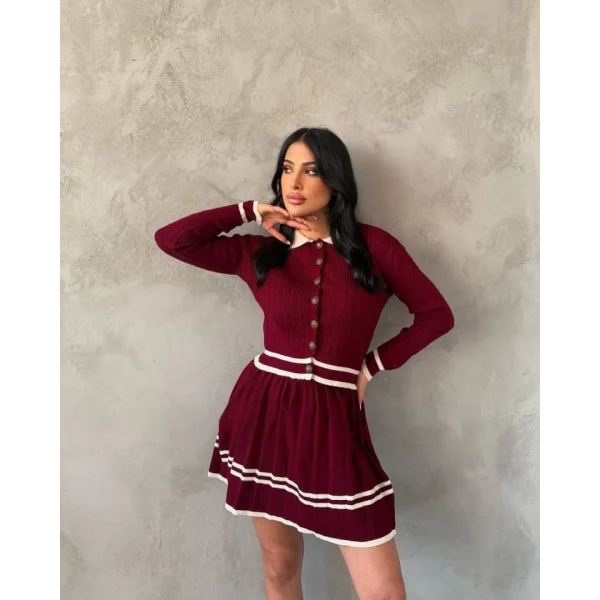 Kadın Uzun Kollu Düğme Ve Ribana Detay Triko Hırka Ve şerit Detay Pileli Etek Ikili Takım