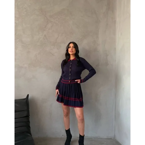 Kadın Uzun Kollu Düğme Ve Ribana Detay Triko Hırka Ve şerit Detay Pileli Etek Ikili Takım