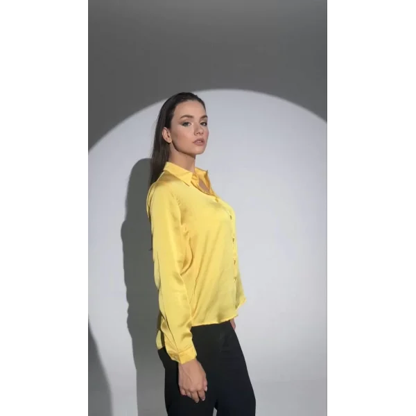 Kadın Uzun Kollu Düğmeli Buluz Gömlek - Sarı