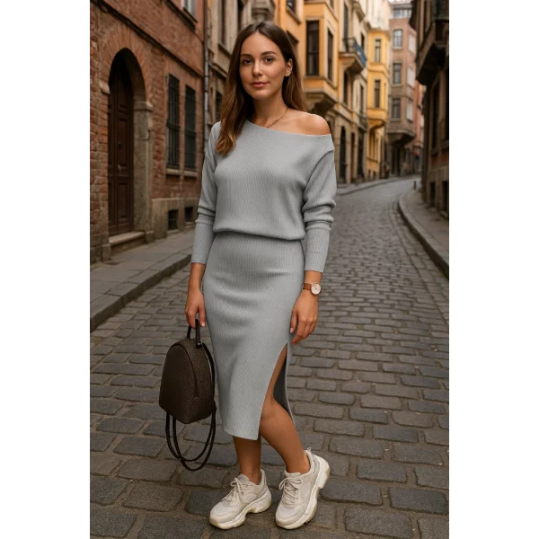 Kadın Uzun Kollu Düşük Omuz Yırtmaç Detay Kaşkorse Etek Bluz Ikili Takım