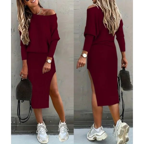 Kadın Uzun Kollu Düşük Omuz Yırtmaç Detay Kaşkorse Etek Bluz Ikili Takım