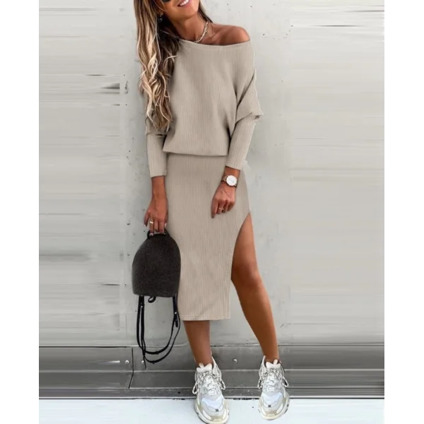 Kadın Uzun Kollu Düşük Omuz Yırtmaç Detay Kaşkorse Etek Bluz Ikili Takım