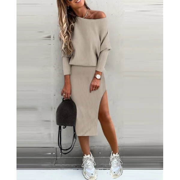 Kadın Uzun Kollu Düşük Omuz Yırtmaç Detay Kaşkorse Etek Bluz Ikili Takım