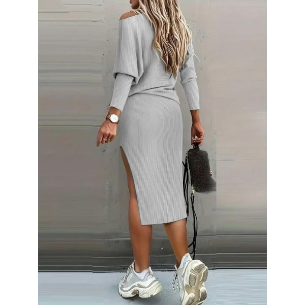 Kadın Uzun Kollu Düşük Omuz Yırtmaç Detay Kaşkorse Etek Bluz Ikili Takım