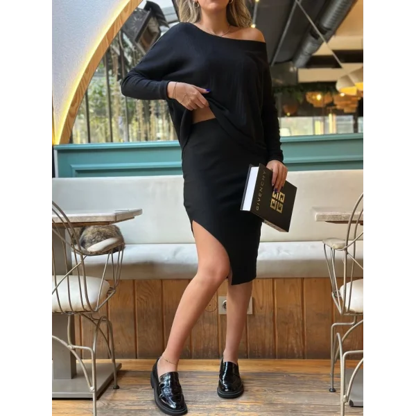 Kadın Uzun Kollu Düşük Omuz Yırtmaç Detay Kaşkorse Etek Bluz Ikili Takım