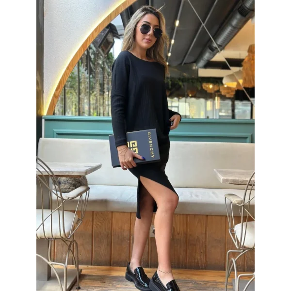 Kadın Uzun Kollu Düşük Omuz Yırtmaç Detay Kaşkorse Etek Bluz Ikili Takım