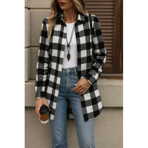 Kadın Uzun Kollu Ekoseli önden Düğmeli Dokuma Uzun Gömlek