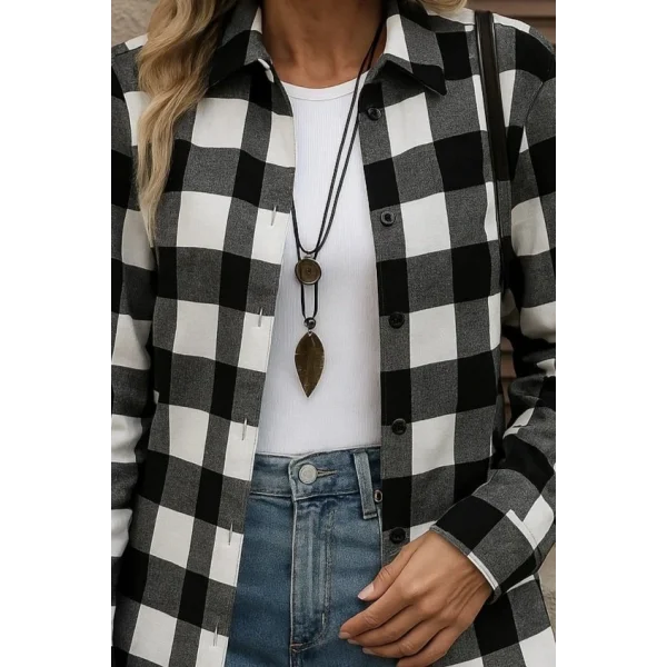 Kadın Uzun Kollu Ekoseli önden Düğmeli Dokuma Uzun Gömlek