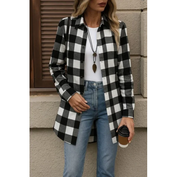 Kadın Uzun Kollu Ekoseli önden Düğmeli Dokuma Uzun Gömlek