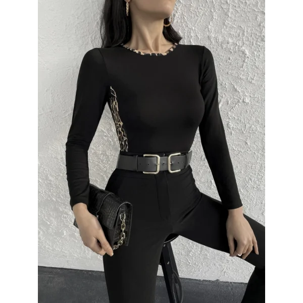 Kadın Uzun Kollu eopar şeritli Viskon Bluz