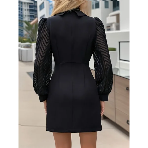 Kadın Uzun Kollu Eteği Düğme Kolu Tül Detay Ithal Krep Ceket Yaka Mini Elbise