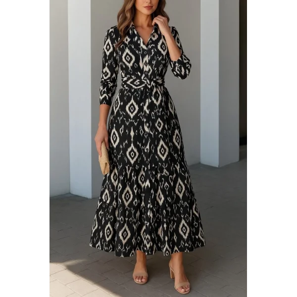 Kadın Uzun Kollu Eteği Fırfırlı Beli Kuşaklı Trikoton Tam Boy Gömlek Elbise