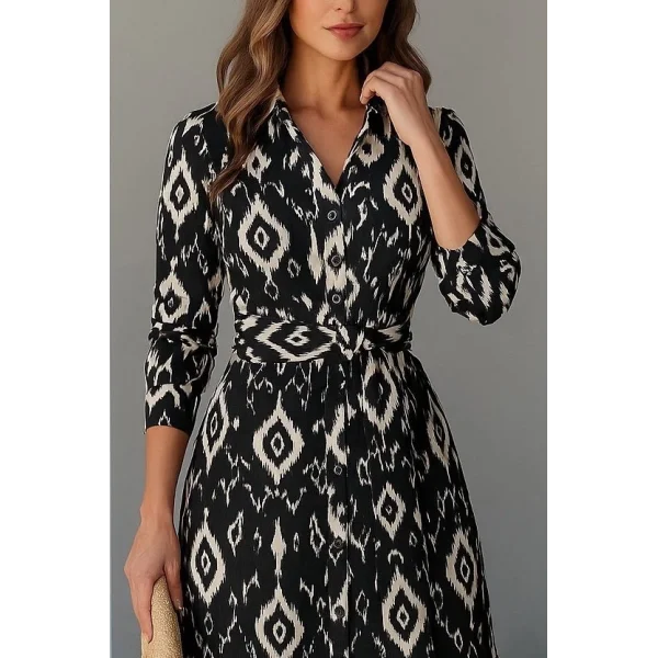 Kadın Uzun Kollu Eteği Fırfırlı Beli Kuşaklı Trikoton Tam Boy Gömlek Elbise