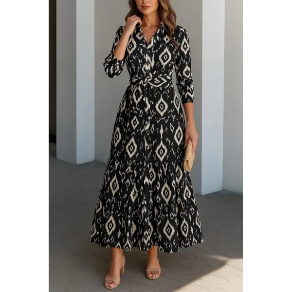 Kadın Uzun Kollu Eteği Fırfırlı Beli Kuşaklı Trikoton Tam Boy Gömlek Elbise