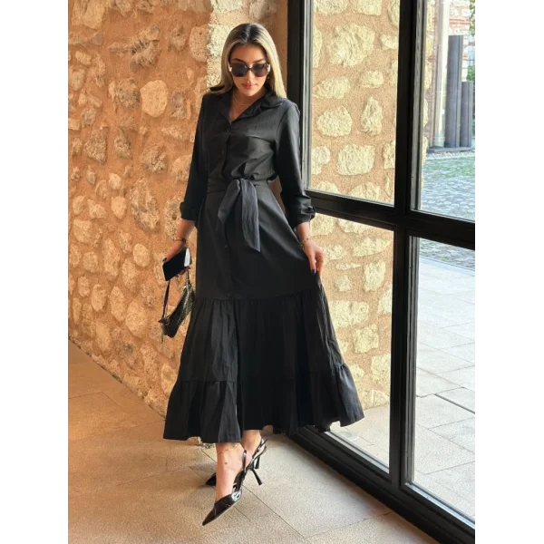 Kadın Uzun Kollu Eteği Fırfırlı Beli Kuşaklı Trikoton Tam Boy Gömlek Elbise