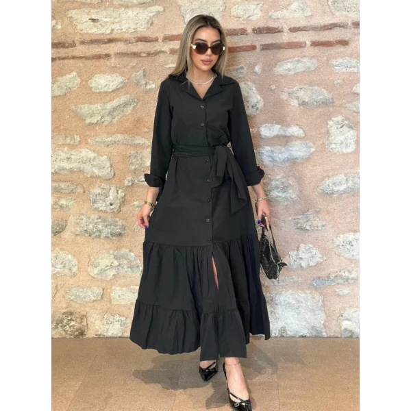 Kadın Uzun Kollu Eteği Fırfırlı Beli Kuşaklı Trikoton Tam Boy Gömlek Elbise