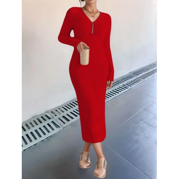 Kadın Uzun Kollu Fermuar Detay Fitilli Kaşkorse Kumaş Maxi Boy Elbise