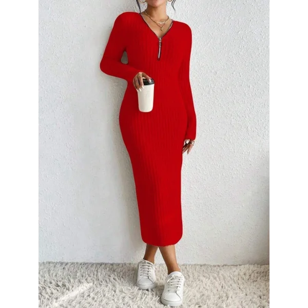 Kadın Uzun Kollu Fermuar Detay Fitilli Kaşkorse Kumaş Maxi Boy Elbise