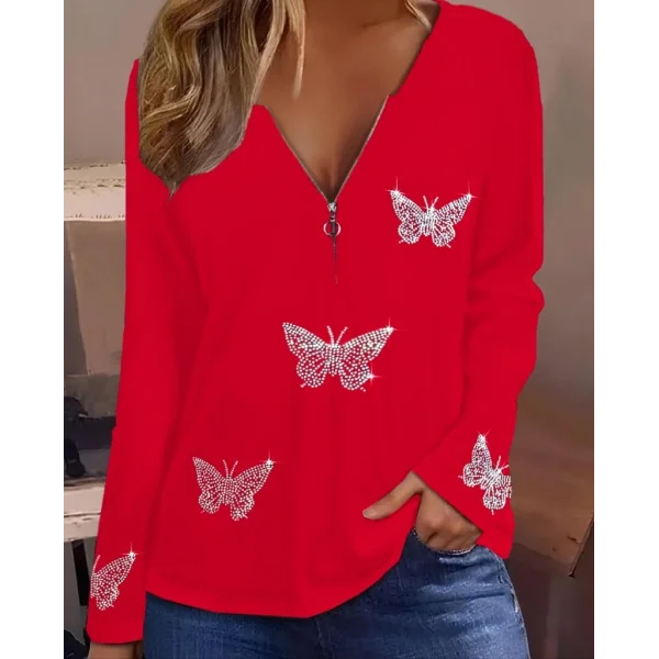 Kadın Uzun Kollu Fermuar Detaylı Kelebek Taşlı Desen Viskon Bluz