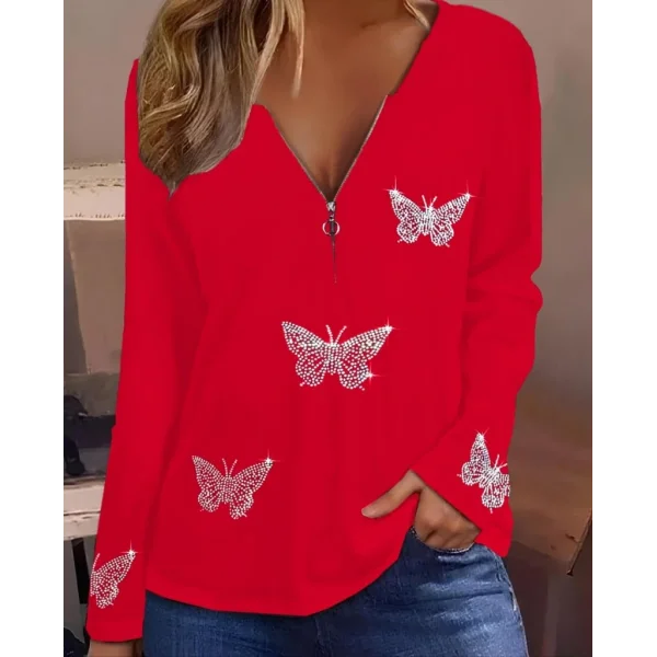 Kadın Uzun Kollu Fermuar Detaylı Kelebek Taşlı Desen Viskon Bluz