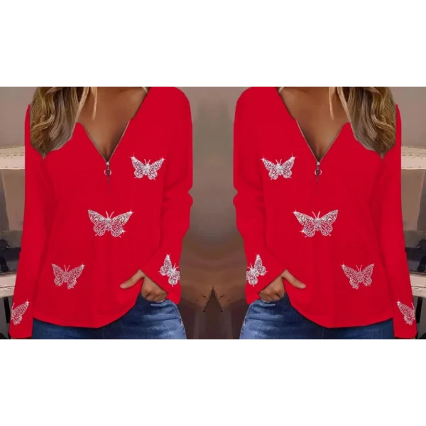 Kadın Uzun Kollu Fermuar Detaylı Kelebek Taşlı Desen Viskon Bluz