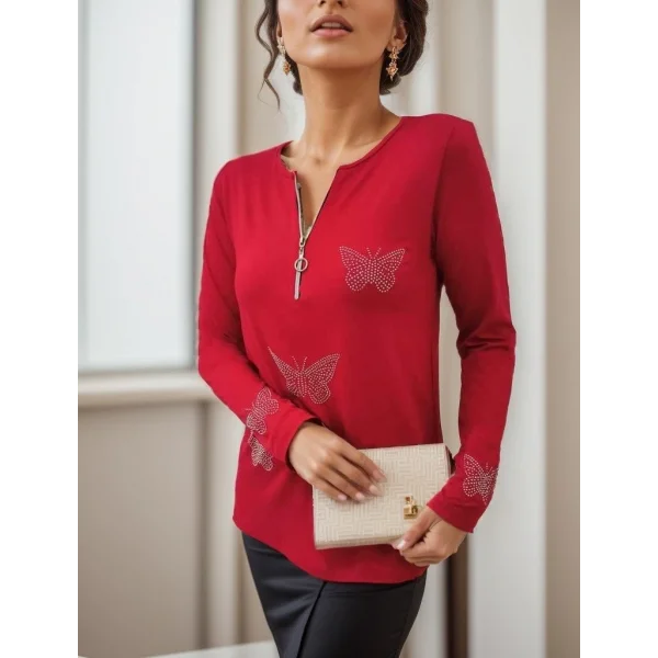 Kadın Uzun Kollu Fermuar Detaylı Kelebek Taşlı Desen Viskon Bluz