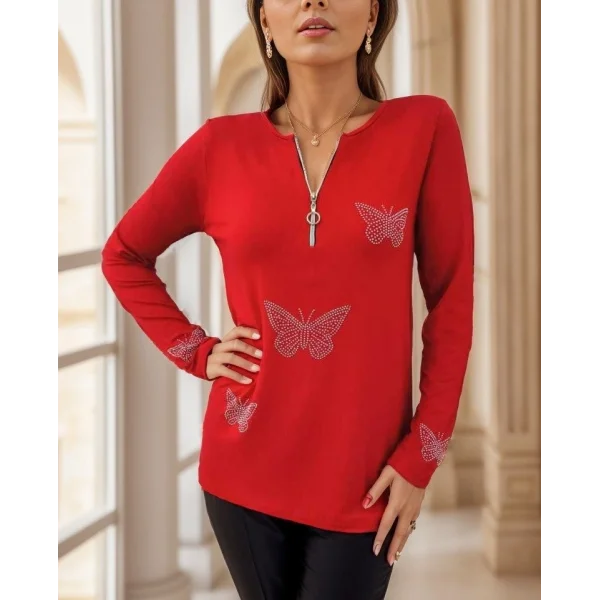 Kadın Uzun Kollu Fermuar Detaylı Kelebek Taşlı Desen Viskon Bluz