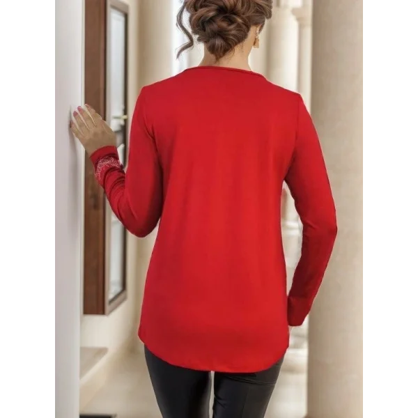 Kadın Uzun Kollu Fermuar Detaylı Kelebek Taşlı Desen Viskon Bluz