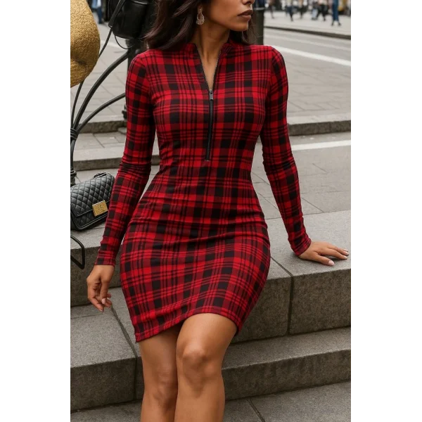 Kadın Uzun Kollu Fermuarlı Ekose Baskılı Dalgıç Elbise