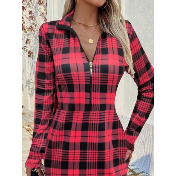 Kadın Uzun Kollu Fermuarlı Ekose Baskılı Dalgıç Elbise