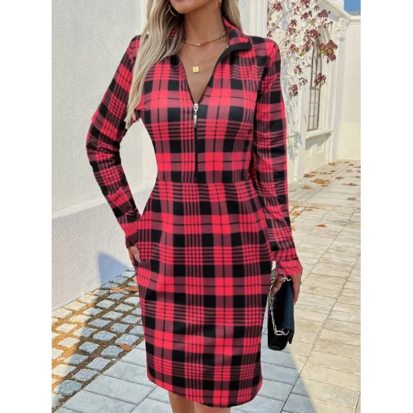 Kadın Uzun Kollu Fermuarlı Ekose Baskılı Dalgıç Elbise