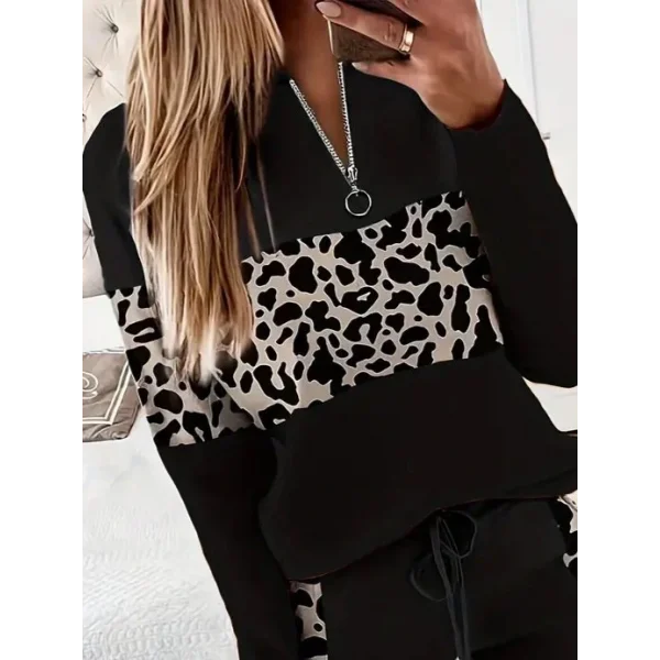 Kadın Uzun Kollu Fermuarlı Karışık Desenli Viskon Iki Iplik Bluz Ve Pantolon Ikili Takım