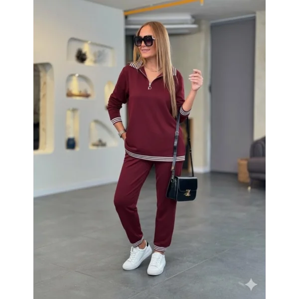 Kadın Uzun Kollu Fermuarlı şerit Detay Desenli Alt üst Ikili Viskon Iki Iplik Takım