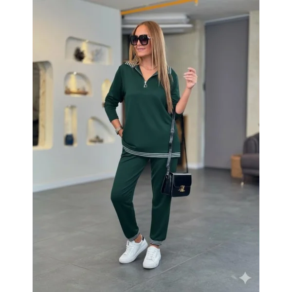 Kadın Uzun Kollu Fermuarlı şerit Detay Desenli Alt üst Ikili Viskon Iki Iplik Takım