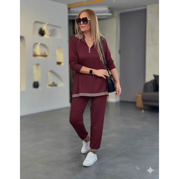 Kadın Uzun Kollu Fermuarlı şerit Detay Desenli Alt üst Ikili Viskon Iki Iplik Takım