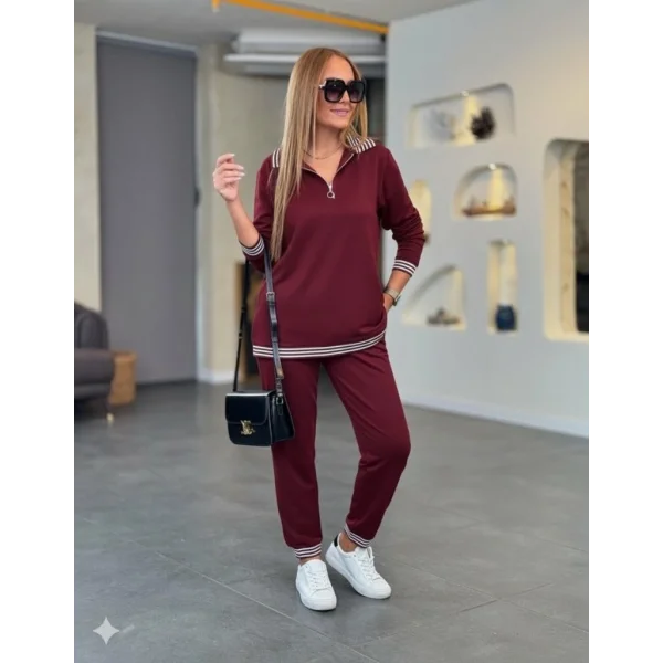 Kadın Uzun Kollu Fermuarlı şerit Detay Desenli Alt üst Ikili Viskon Iki Iplik Takım