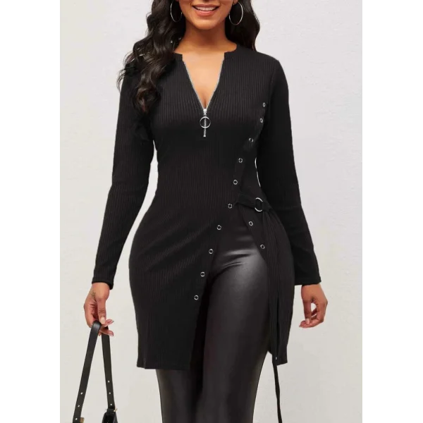 Kadın Uzun Kollu Fermuarlı Yan Yırtmaç çıtçıt Düğme Detay Fitilli Kaskorse Elbise