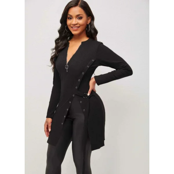 Kadın Uzun Kollu Fermuarlı Yan Yırtmaç çıtçıt Düğme Detay Fitilli Kaskorse Elbise