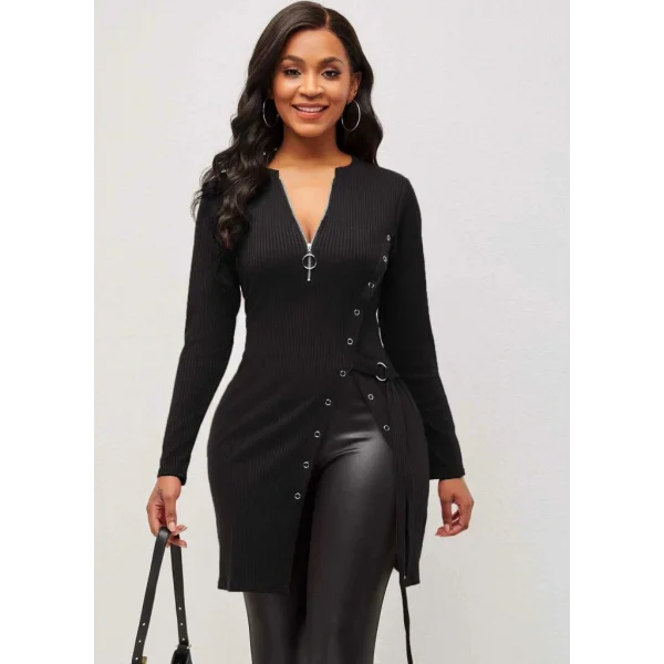 Kadın Uzun Kollu Fermuarlı Yan Yırtmaç çıtçıt Düğme Detay Fitilli Kaskorse Elbise