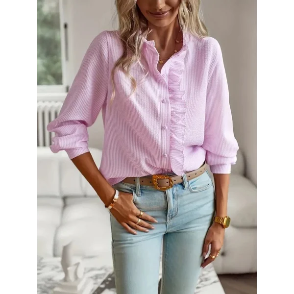 Kadın Uzun Kollu Fırfır Yakalı önden Düğmeli çizgili Burgu Gömlek