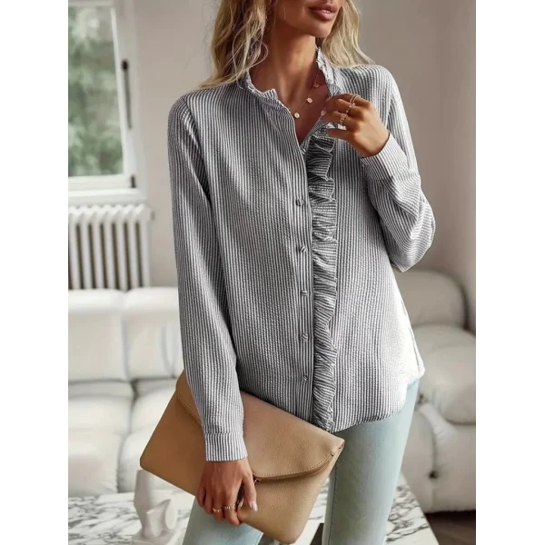 Kadın Uzun Kollu Fırfır Yakalı önden Düğmeli çizgili Burgu Gömlek