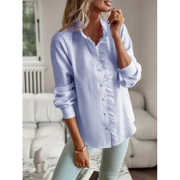Kadın Uzun Kollu Fırfır Yakalı önden Düğmeli çizgili Burgu Gömlek