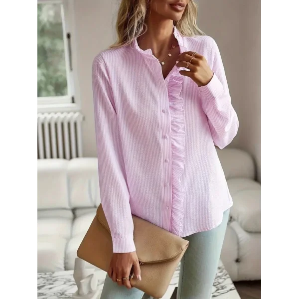 Kadın Uzun Kollu Fırfır Yakalı önden Düğmeli çizgili Burgu Gömlek