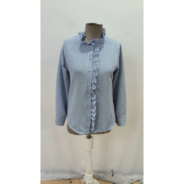 Kadın Uzun Kollu Fırfır Yakalı önden Düğmeli çizgili Burgu Gömlek