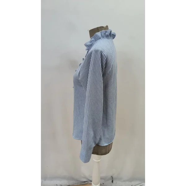 Kadın Uzun Kollu Fırfır Yakalı önden Düğmeli çizgili Burgu Gömlek