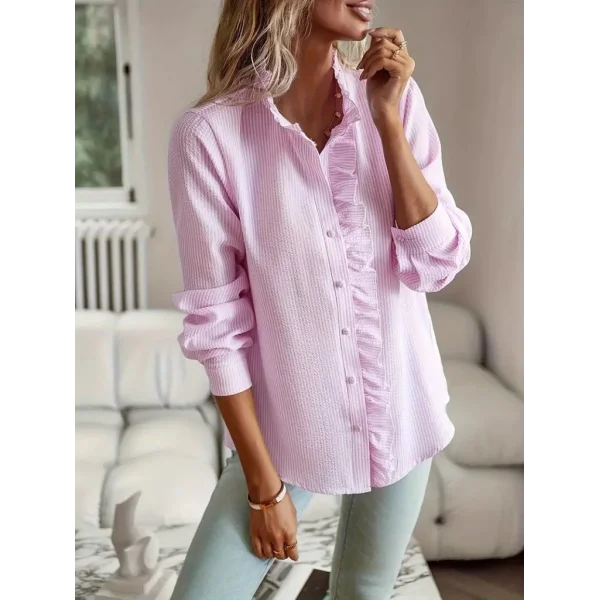 Kadın Uzun Kollu Fırfır Yakalı önden Düğmeli çizgili Burgu Gömlek
