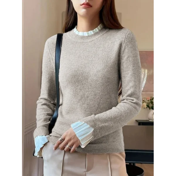 Kadın Uzun Kollu Fırfırlı Yakalı Triko Krem Bluz