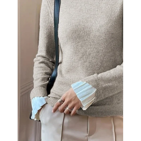 Kadın Uzun Kollu Fırfırlı Yakalı Triko Krem Bluz