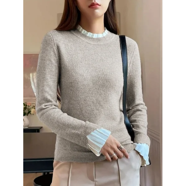 Kadın Uzun Kollu Fırfırlı Yakalı Triko Krem Bluz